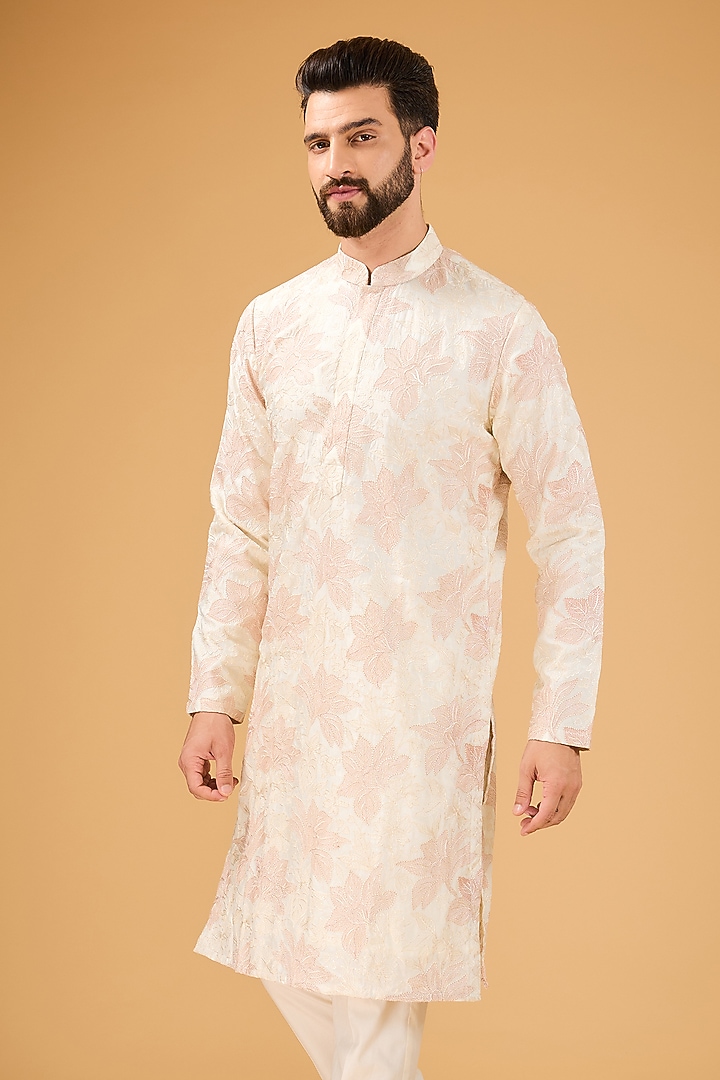 Pink & Cream Silk Threadwork Chikankari Kurta by Kasbah Clothing at Pernia's Pop Up Shop