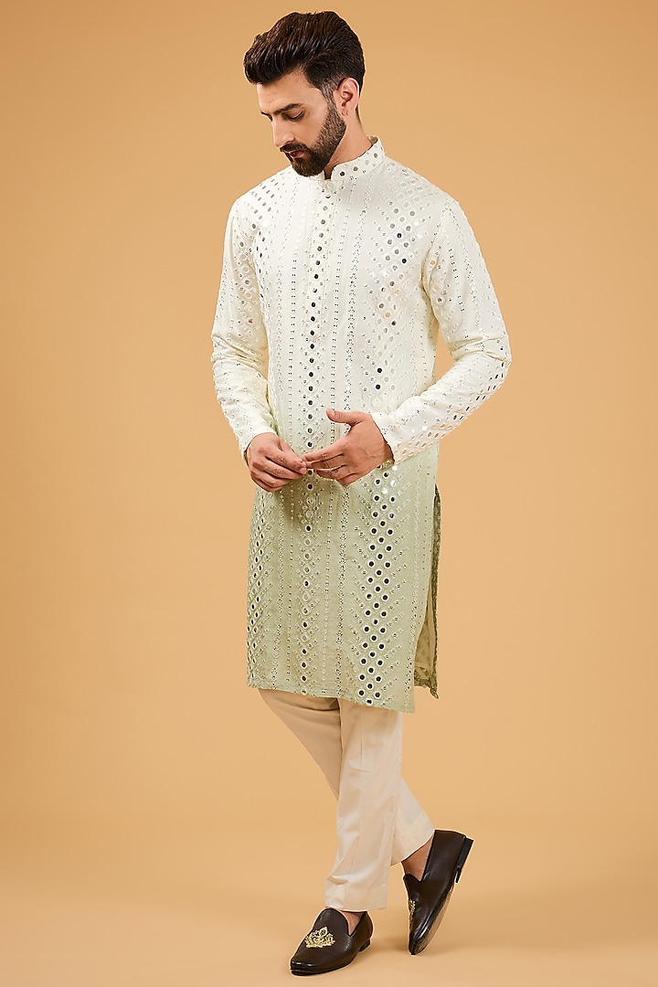 Cream-Sage Green Ombre Silk Mirror Work Kurta by Kasbah Clothing