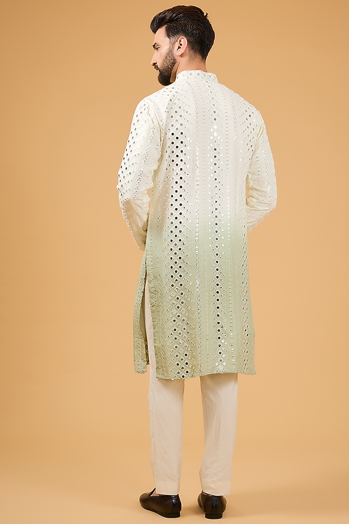 Cream-Sage Green Ombre Silk Mirror Work Kurta by Kasbah Clothing at Pernia's Pop Up Shop
