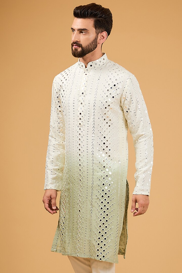 Cream-Sage Green Ombre Silk Mirror Work Kurta by Kasbah Clothing at Pernia's Pop Up Shop