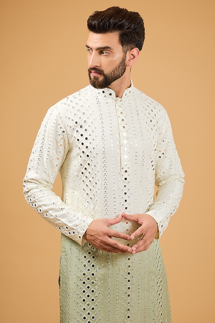 Cream-Sage Green Ombre Silk Mirror Work Kurta by Kasbah Clothing at Pernia's Pop Up Shop