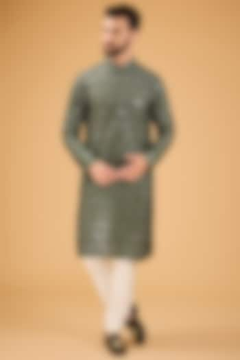 Military Green Silk Mirror Embellished Kurta by Kasbah Clothing at Pernia's Pop Up Shop