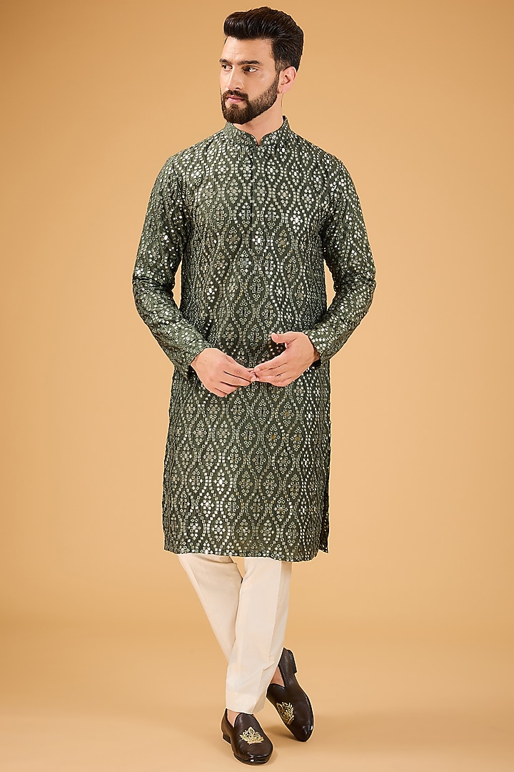 Military Green Silk Mirror Embellished Kurta by Kasbah Clothing at Pernia's Pop Up Shop