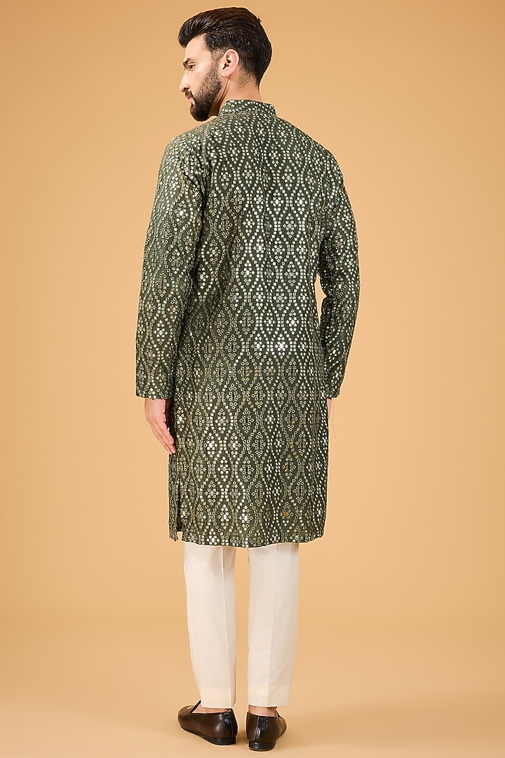 Military Green Silk Mirror Embellished Kurta by Kasbah Clothing at Pernia's Pop Up Shop