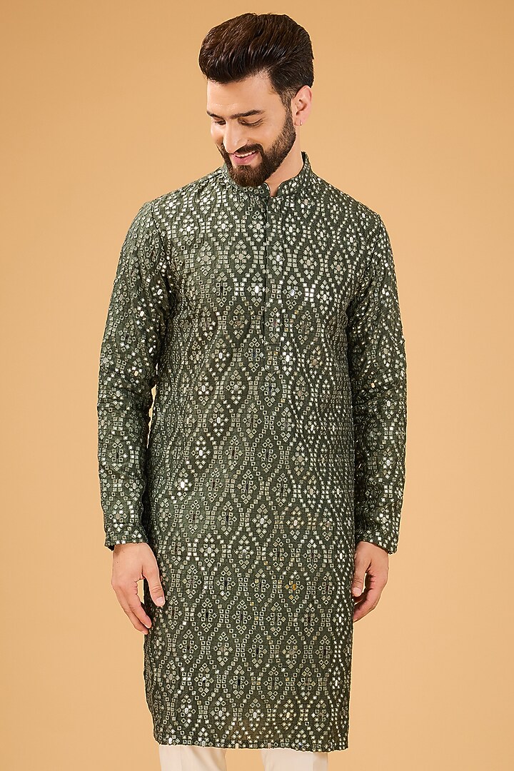 Military Green Silk Mirror Embellished Kurta by Kasbah Clothing at Pernia's Pop Up Shop