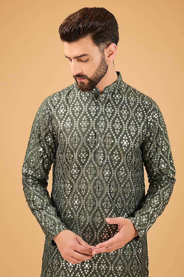 Military Green Silk Mirror Embellished Kurta by Kasbah Clothing at Pernia's Pop Up Shop