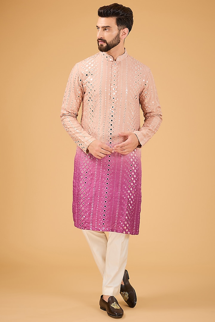 Nude & Mauve Ombre Silk Mirror Work Kurta by Kasbah Clothing