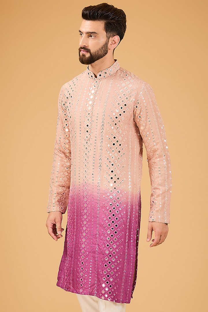 Nude & Mauve Ombre Silk Mirror Work Kurta by Kasbah Clothing at Pernia's Pop Up Shop