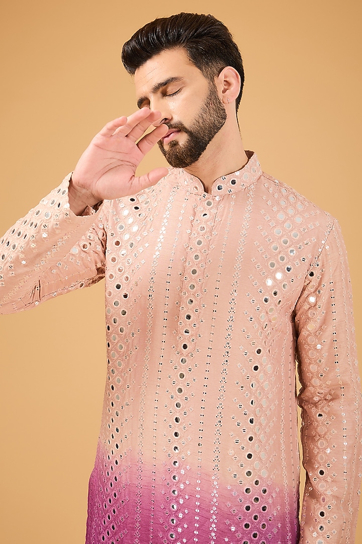 Nude & Mauve Ombre Silk Mirror Work Kurta by Kasbah Clothing at Pernia's Pop Up Shop