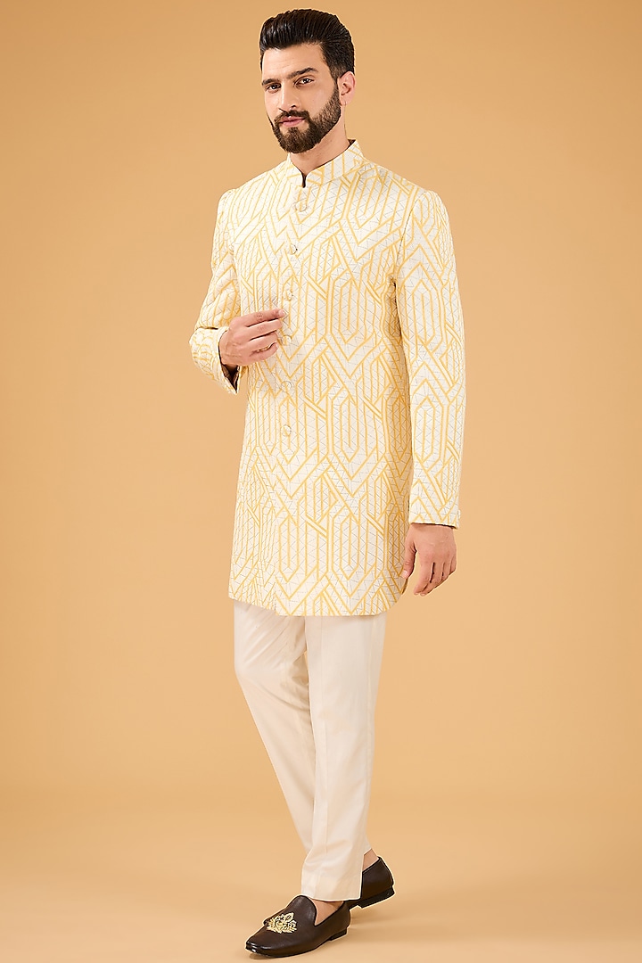 Yellow & White Silk Zari Embroidered Indowestern by Kasbah Clothing