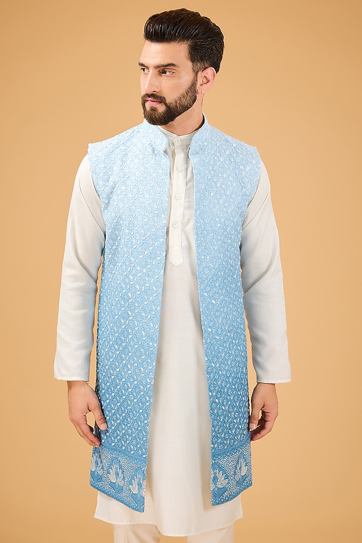 Blue Ombre Georgette Sequins Embroidered Indowestern by Kasbah Clothing at Pernia's Pop Up Shop