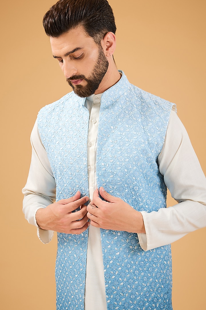 Blue Ombre Georgette Sequins Embroidered Indowestern by Kasbah Clothing at Pernia's Pop Up Shop