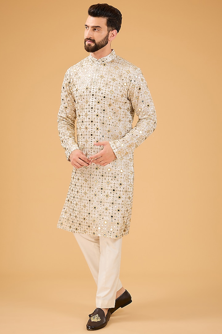 Ivory & Gold Georgette Zari Embroidered Kurta by Kasbah Clothing at Pernia's Pop Up Shop