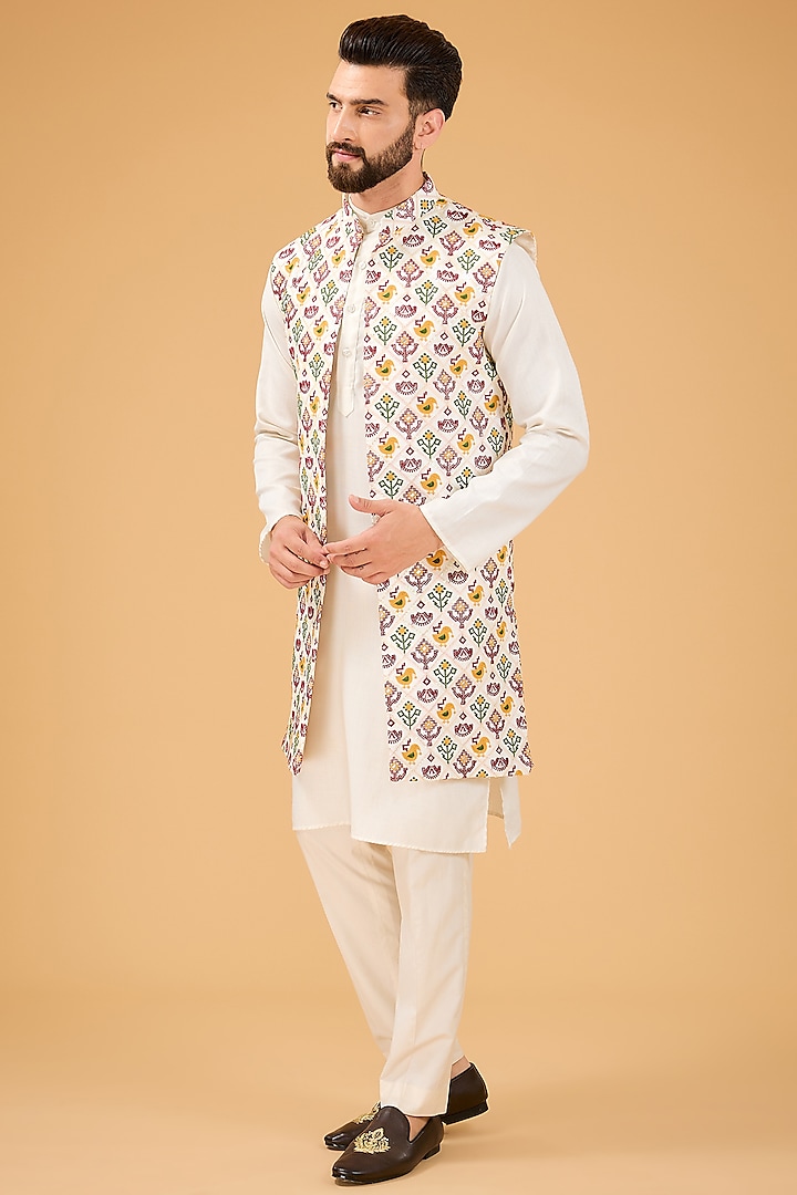 Ivory Silk Thread Phulkari Embroidered Indowestern by Kasbah Clothing