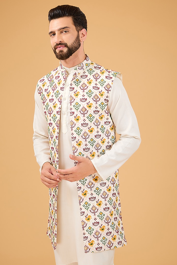 Ivory Silk Thread Phulkari Embroidered Indowestern by Kasbah Clothing at Pernia's Pop Up Shop