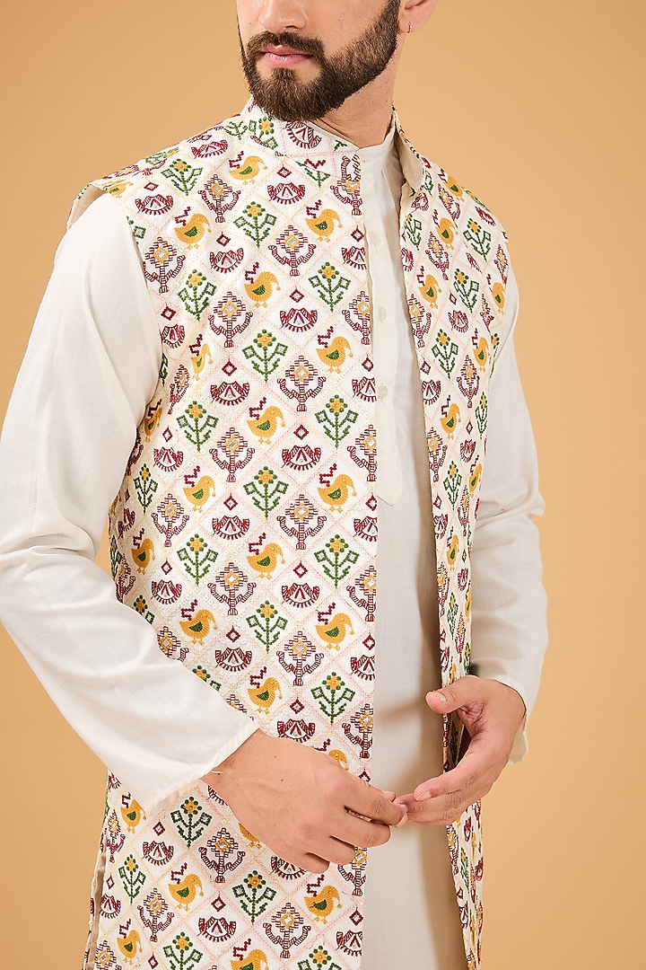 Ivory Silk Thread Phulkari Embroidered Indowestern by Kasbah Clothing at Pernia's Pop Up Shop