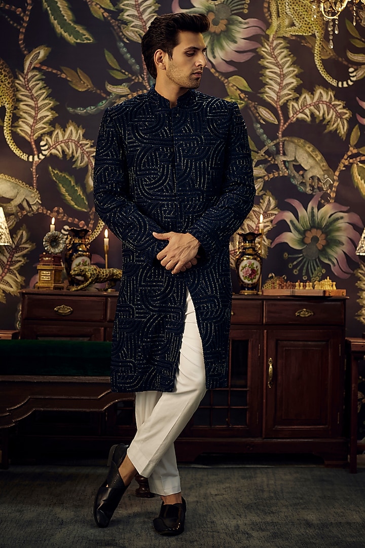 Navy Blue Velvet Cutdana Embroidered Wedding Indowestern Set by Kasbah Clothing at Pernia's Pop Up Shop