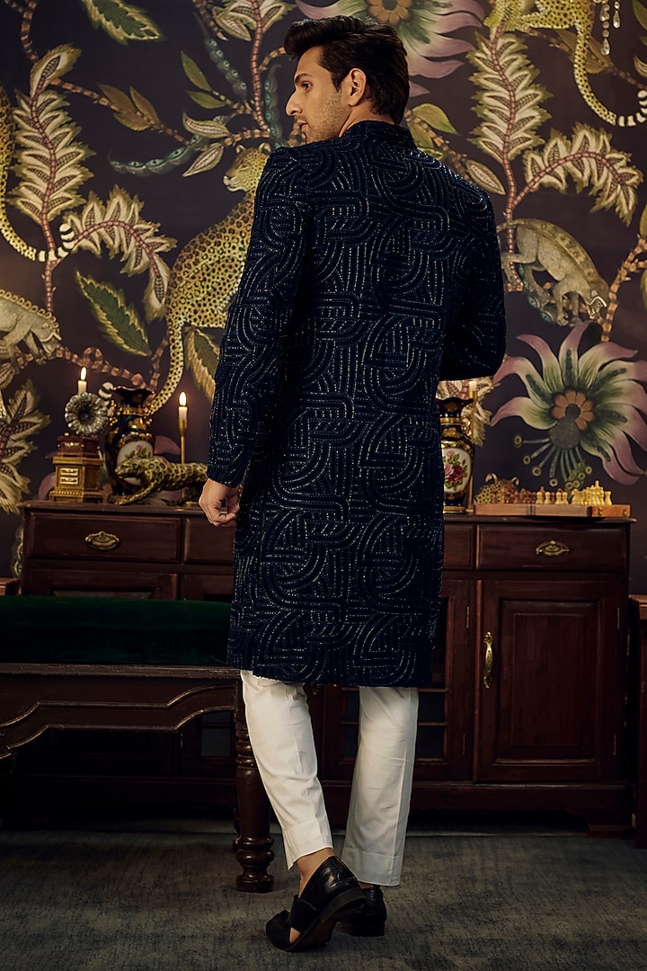 Navy Blue Velvet Cutdana Embroidered Wedding Indowestern Set by Kasbah Clothing at Pernia's Pop Up Shop