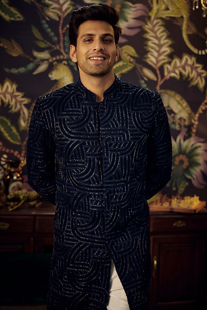 Navy Blue Velvet Cutdana Embroidered Wedding Indowestern Set by Kasbah Clothing at Pernia's Pop Up Shop