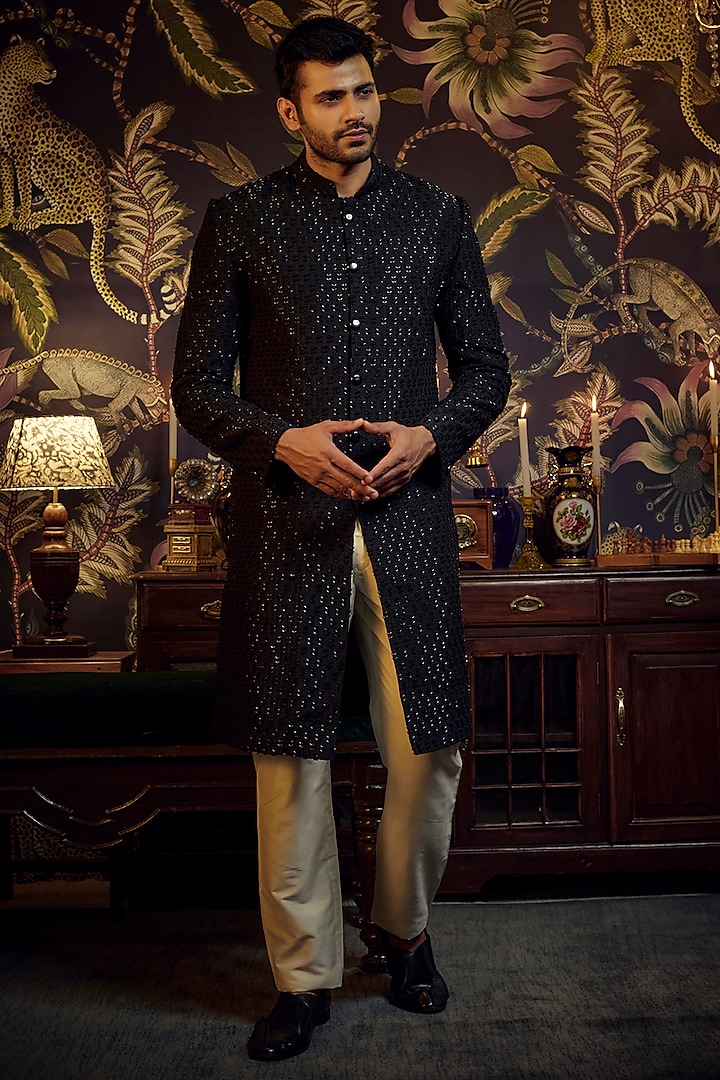 Black Silk Cutdana Embroidered Sherwani Set by Kasbah Clothing