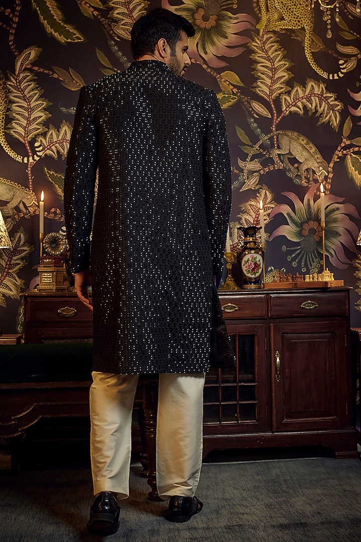 Black Silk Cutdana Embroidered Wedding Sherwani Set by Kasbah Clothing at Pernia's Pop Up Shop