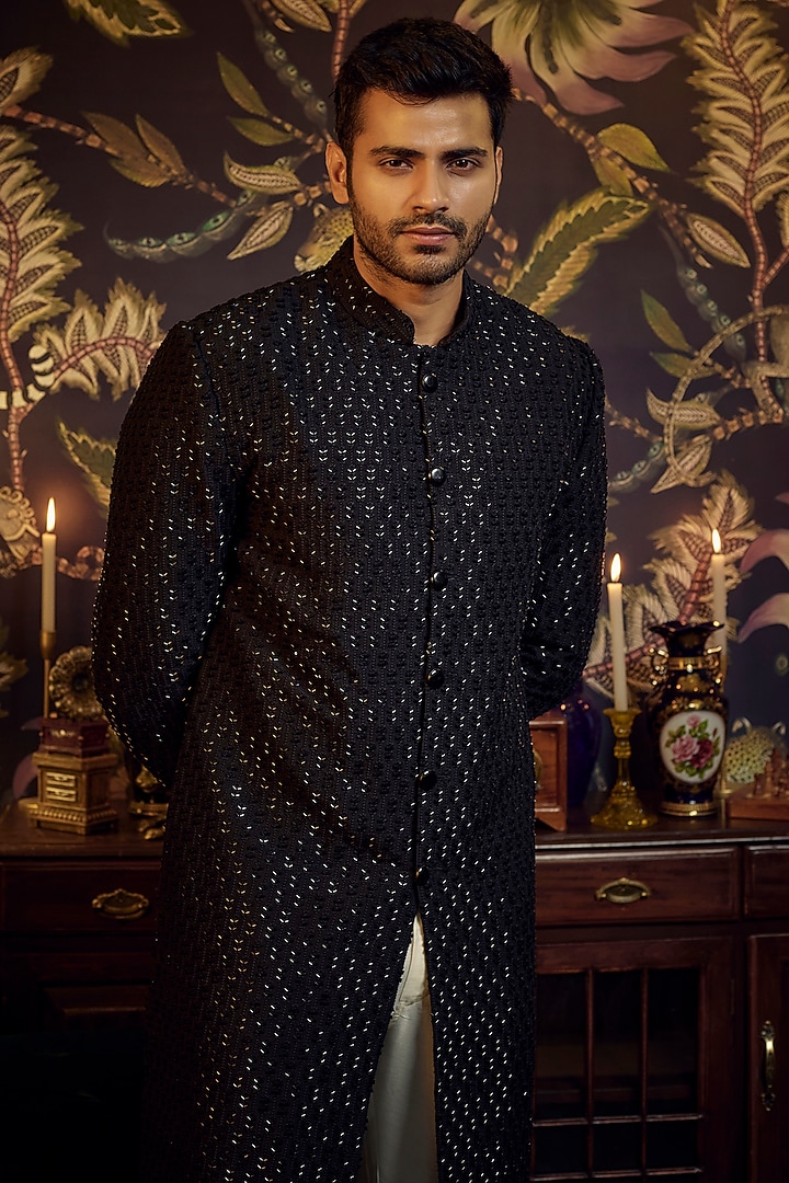 Black Silk Cutdana Embroidered Wedding Sherwani Set by Kasbah Clothing at Pernia's Pop Up Shop