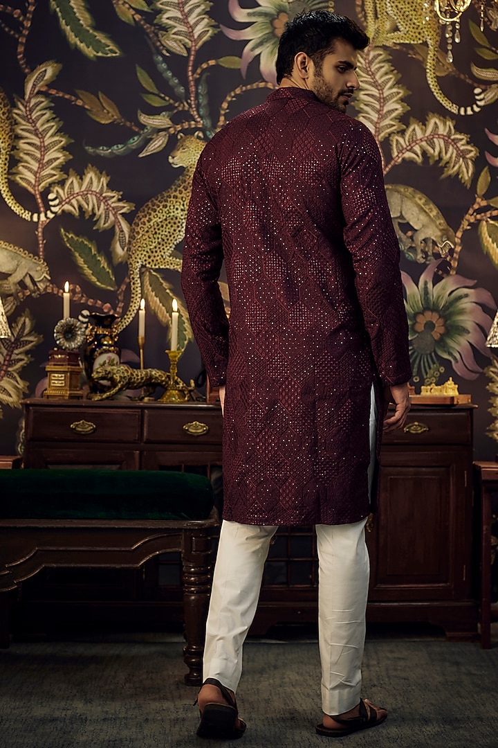 Wine Georgette Chikankari Work Kurta Set by Kasbah Clothing at Pernia's Pop Up Shop