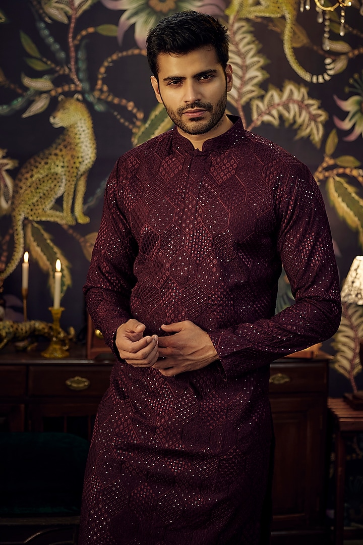 Wine Georgette Chikankari Work Kurta Set by Kasbah Clothing at Pernia's Pop Up Shop