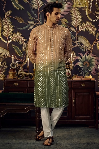 Copper & Green Ombre Silk Mirror Work Kurta Set by Kasbah Clothing