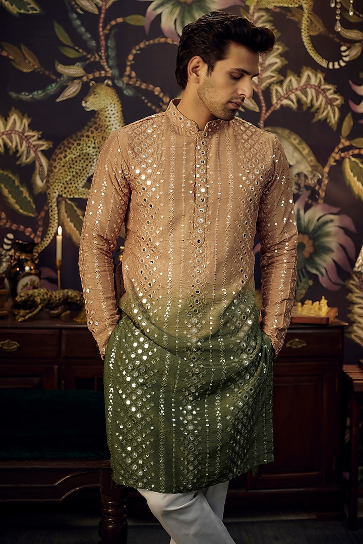 Copper & Green Ombre Silk Mirror Work Kurta Set by Kasbah Clothing at Pernia's Pop Up Shop