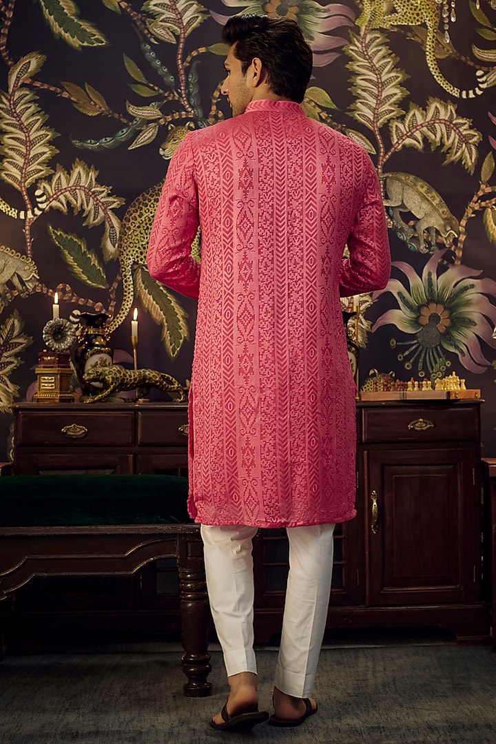 Pink Chikankari Georgette Thread Embroidered Kurta Set by Kasbah Clothing at Pernia's Pop Up Shop