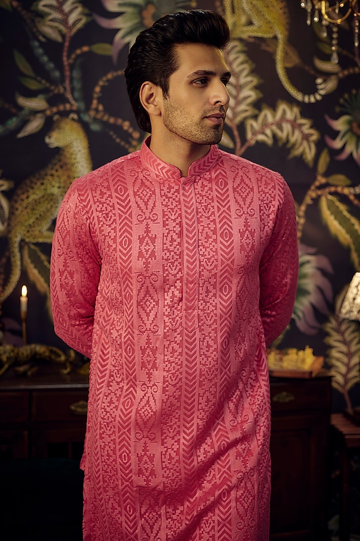 Pink Chikankari Georgette Thread Embroidered Kurta Set by Kasbah Clothing at Pernia's Pop Up Shop