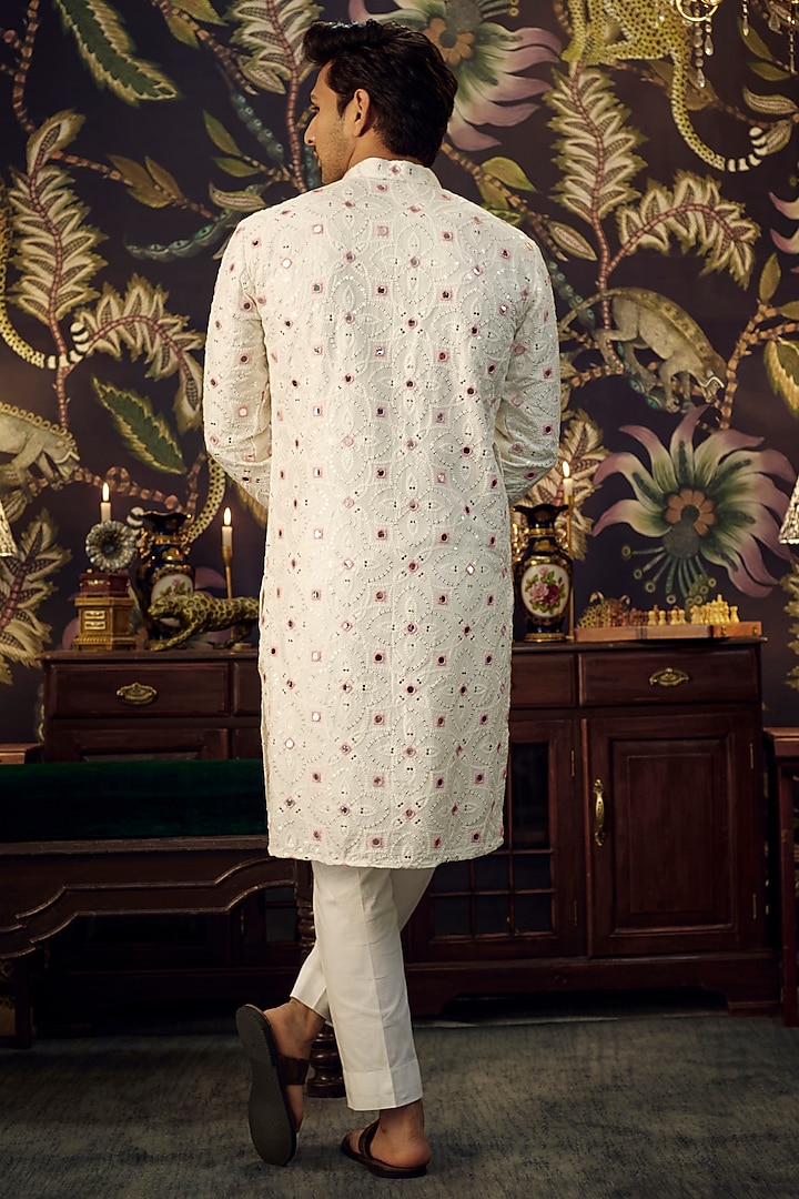 White Silk Mirror Work & Thread Embroidered Kurta Set by Kasbah Clothing at Pernia's Pop Up Shop