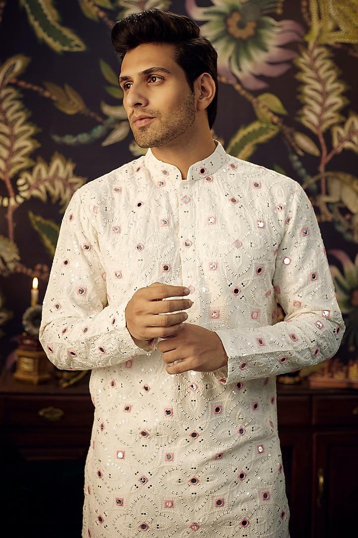 White Silk Mirror Work & Thread Embroidered Kurta Set by Kasbah Clothing at Pernia's Pop Up Shop