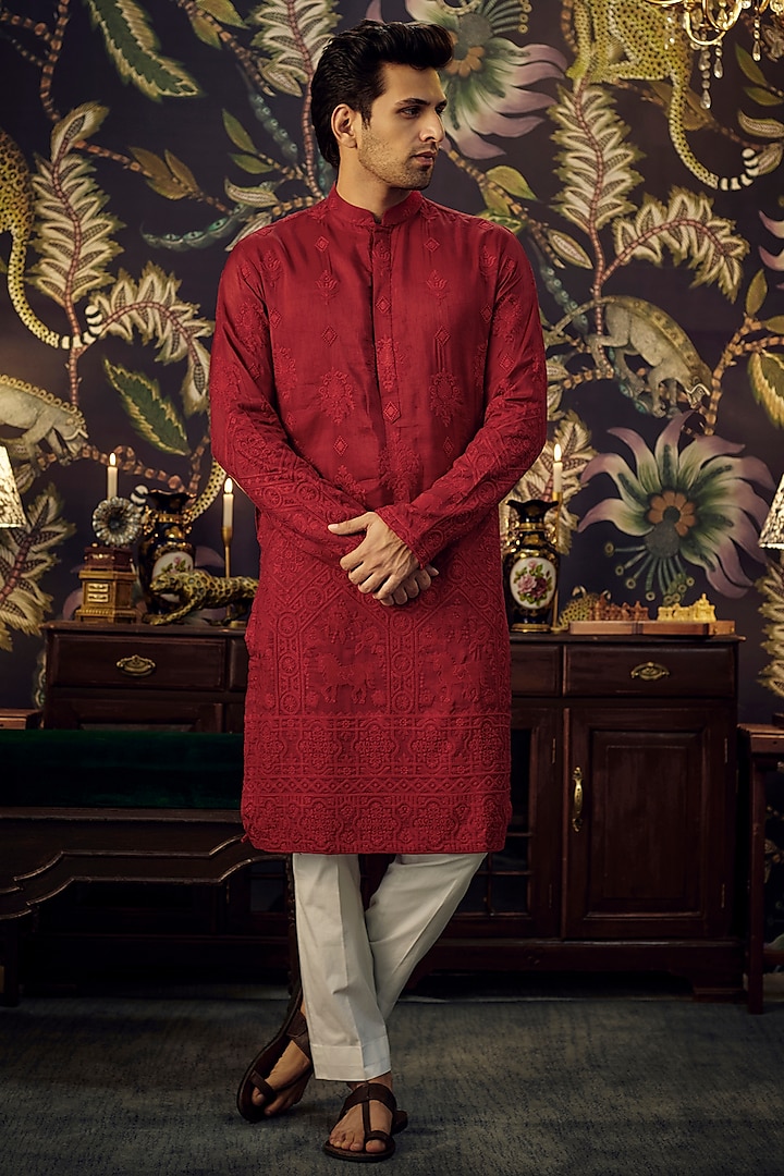 Maroon Silk Thread Embroidered Chikankari Kurta Set by Kasbah Clothing at Pernia's Pop Up Shop