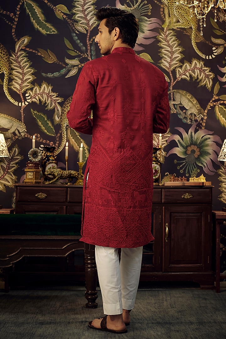 Maroon Silk Thread Embroidered Chikankari Kurta Set by Kasbah Clothing at Pernia's Pop Up Shop