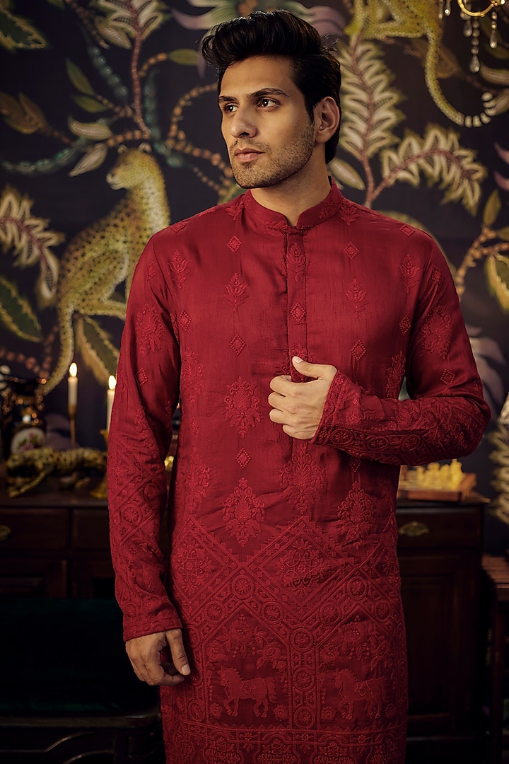 Maroon Silk Thread Embroidered Chikankari Kurta Set by Kasbah Clothing at Pernia's Pop Up Shop