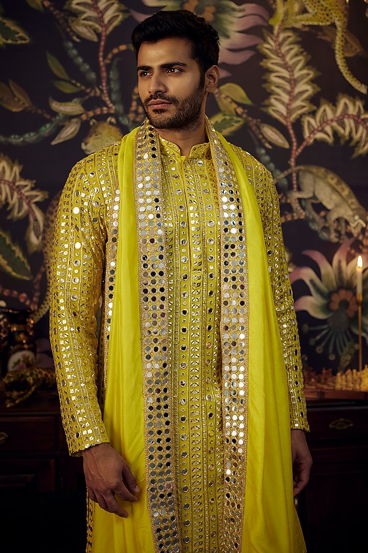 Yellow Silk Zari Embroidered Kurta Set by Kasbah Clothing at Pernia's Pop Up Shop