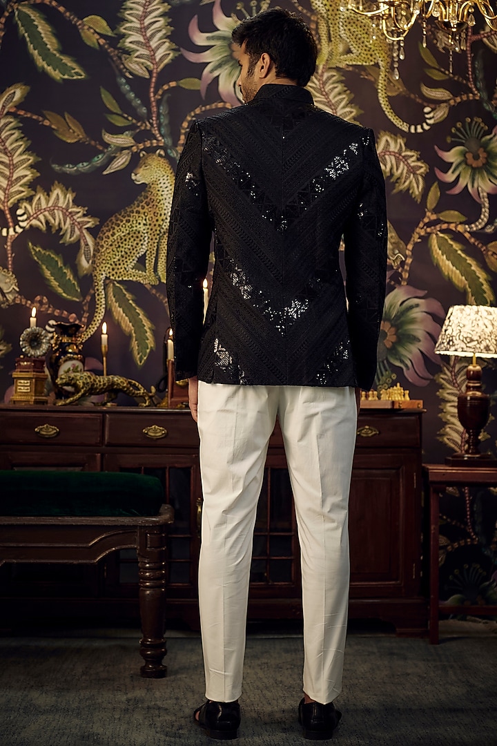 Black Silk Sequins Embroidered Wedding Bandhgala Set by Kasbah Clothing at Pernia's Pop Up Shop