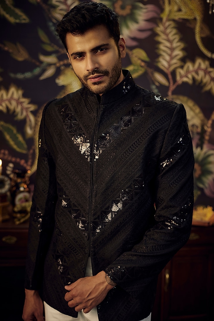 Black Silk Sequins Embroidered Wedding Bandhgala Set by Kasbah Clothing at Pernia's Pop Up Shop
