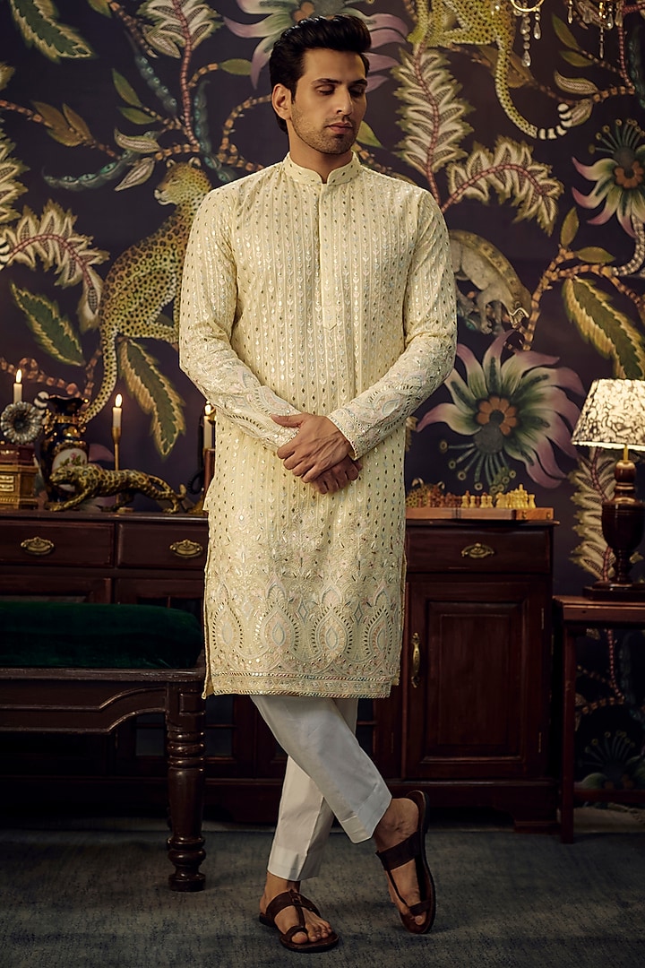 Cream Georgette Thread Embroidered Chikankari Kurta Set by Kasbah Clothing at Pernia's Pop Up Shop