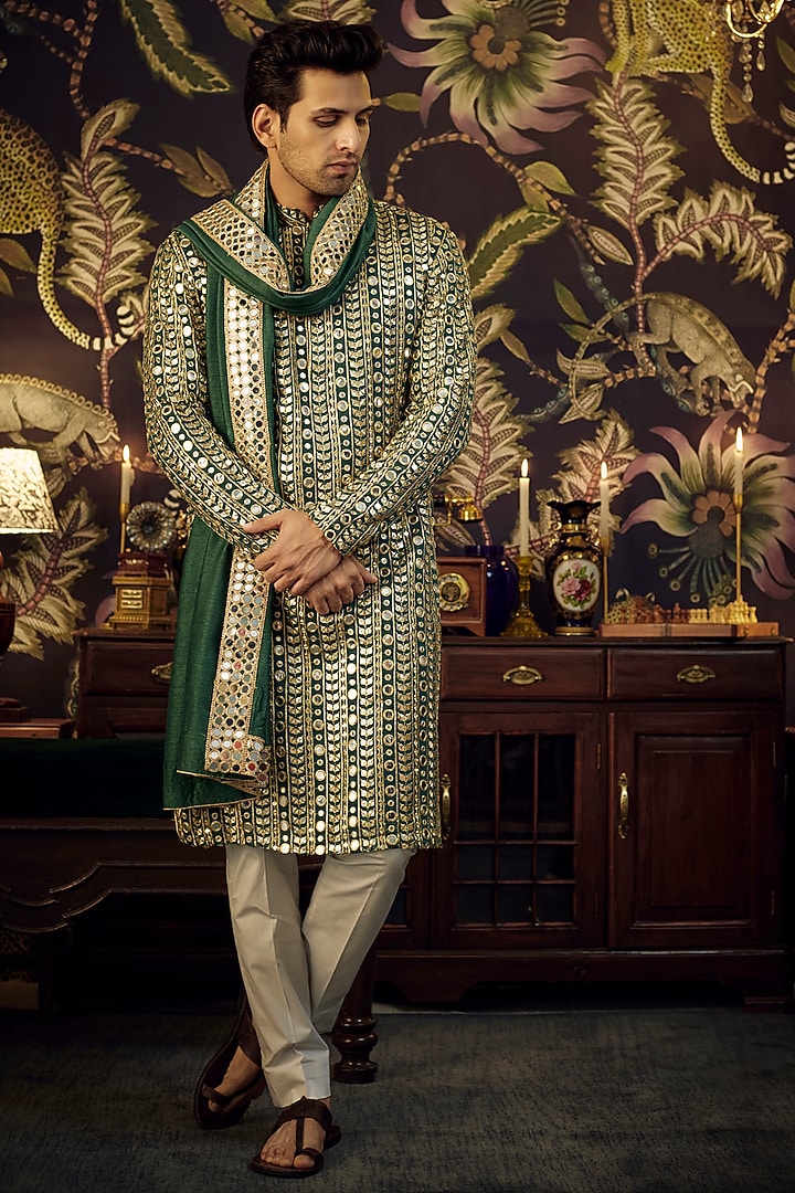 Green Georgette Mirror Work Kurta Set by Kasbah Clothing at Pernia's Pop Up Shop