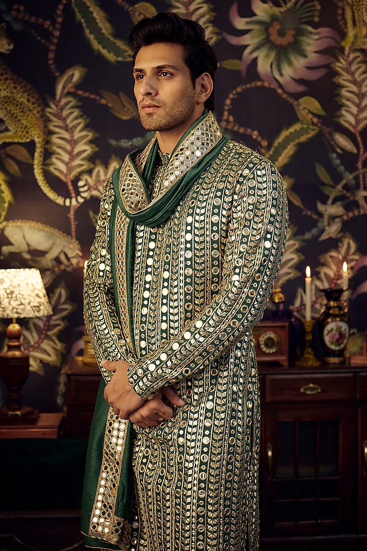 Green Georgette Mirror Work Kurta Set by Kasbah Clothing at Pernia's Pop Up Shop