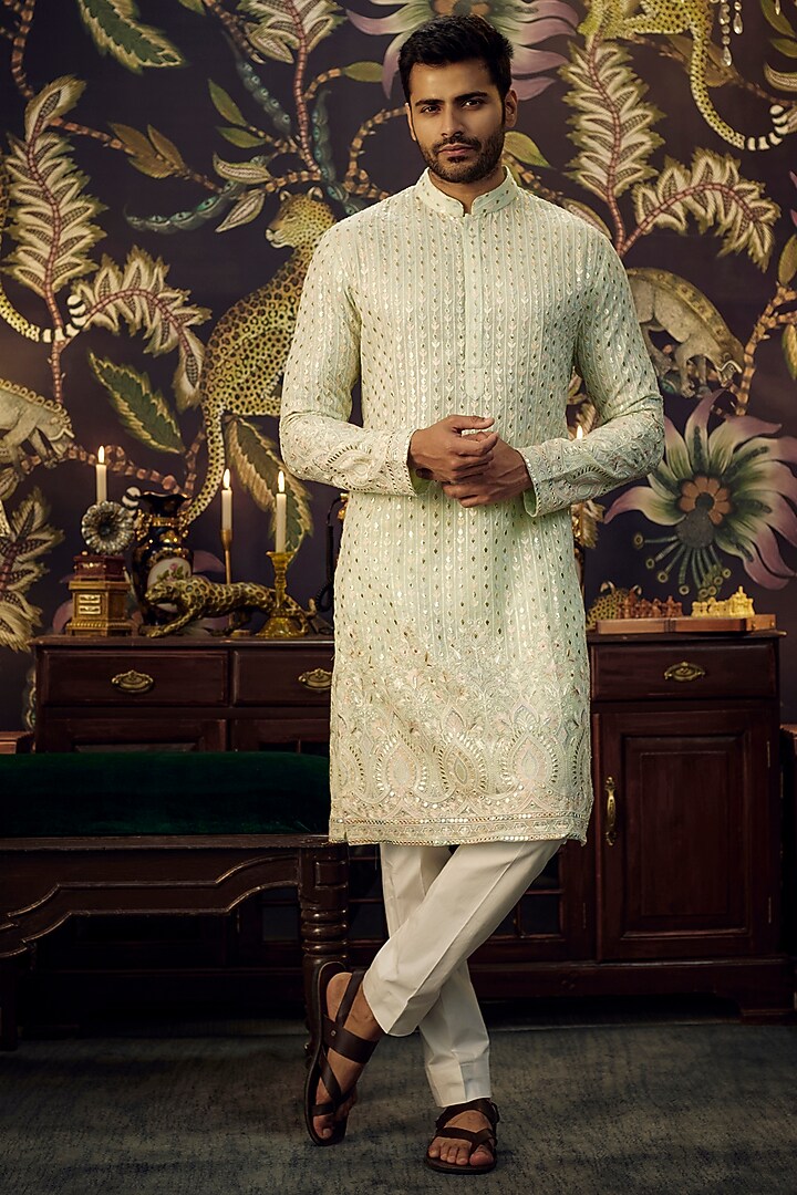 Ice-Blue Georgette Thread Embroidered Chikankari Kurta Set by Kasbah Clothing at Pernia's Pop Up Shop
