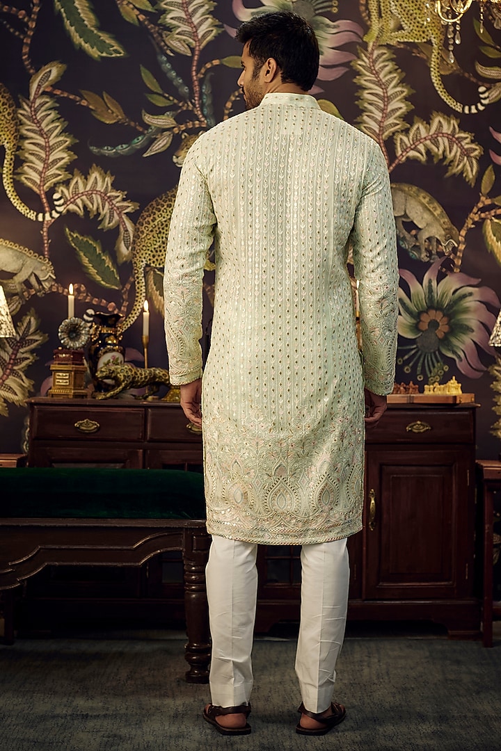Ice-Blue Georgette Thread Embroidered Chikankari Kurta Set by Kasbah Clothing at Pernia's Pop Up Shop