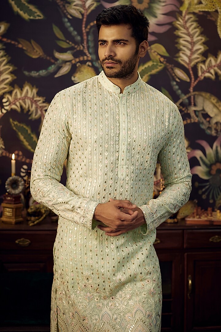 Ice-Blue Georgette Thread Embroidered Chikankari Kurta Set by Kasbah Clothing at Pernia's Pop Up Shop