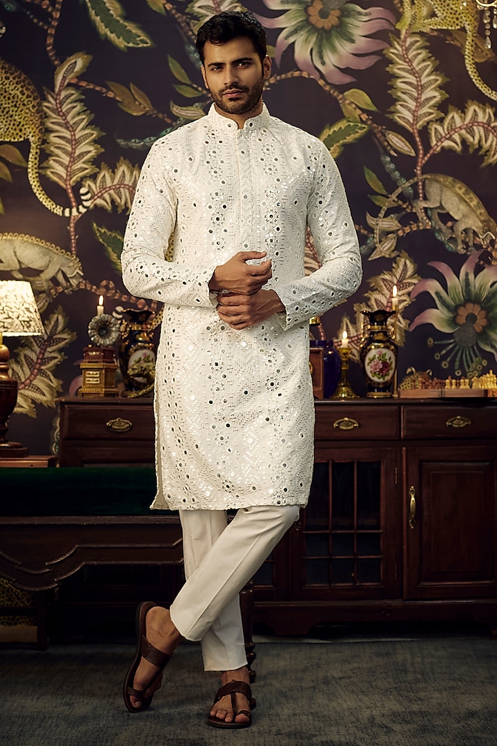 White Silk Mirror Work Kurta Set by Kasbah Clothing at Pernia's Pop Up Shop