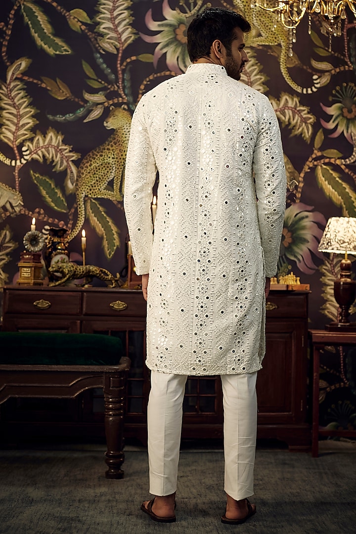 White Silk Mirror Work Kurta Set by Kasbah Clothing at Pernia's Pop Up Shop