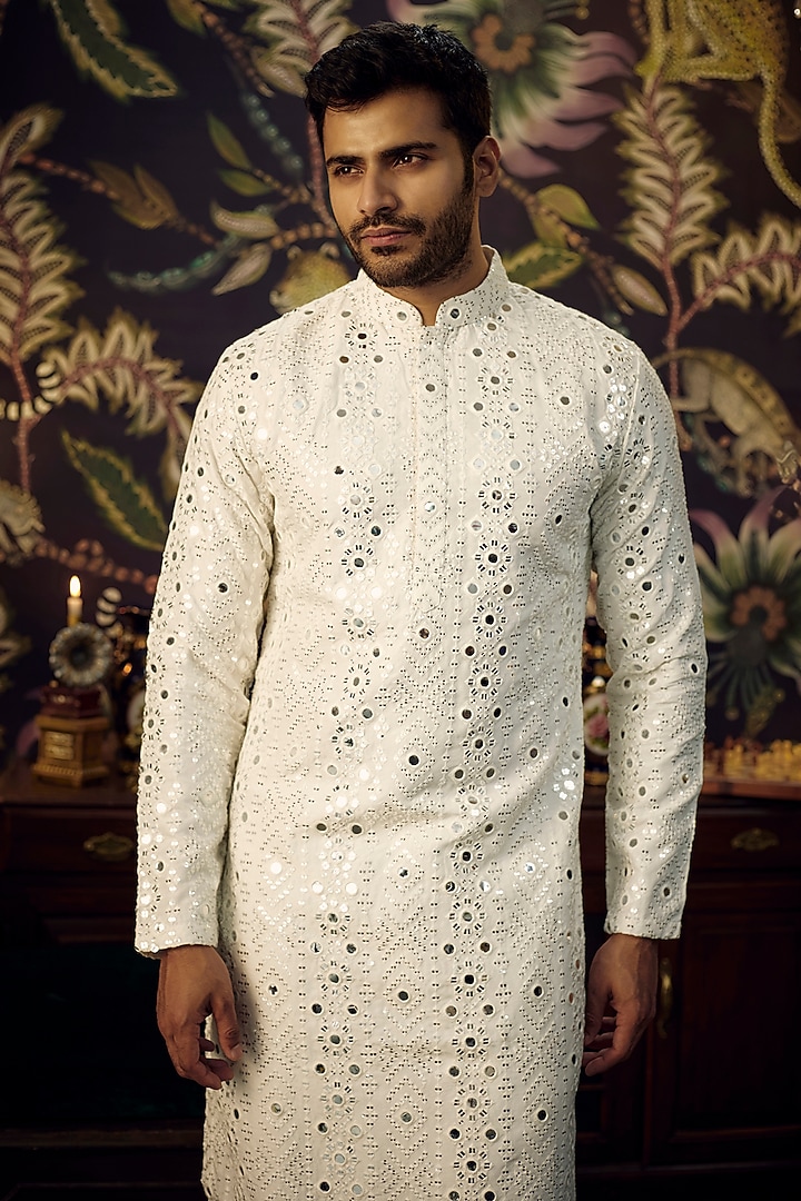 White Silk Mirror Work Kurta Set by Kasbah Clothing at Pernia's Pop Up Shop
