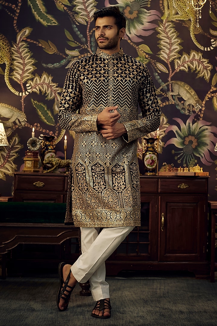 Black Georgette Sequins Work Kurta Set by Kasbah Clothing at Pernia's Pop Up Shop